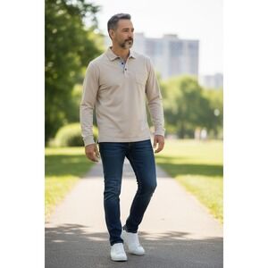 Mark Law Luxury 1/4 Button Mens Shirt Long sleeve lightweight Beige ‎ Size M